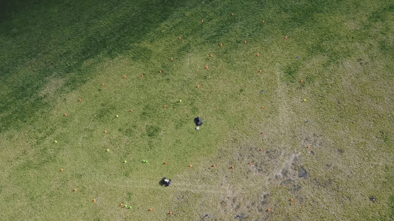 Overhead and onboard views of Roboracer R5 driving on grass during SIT-LMPC hardware experiments.